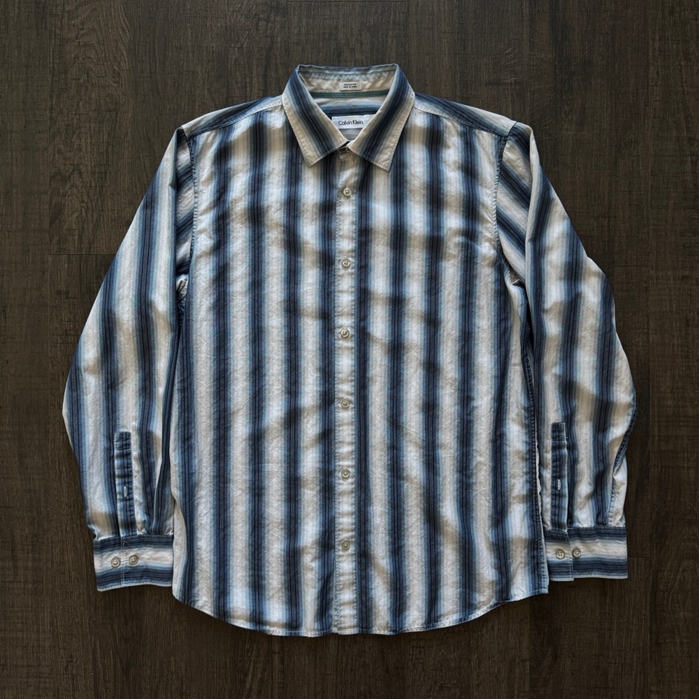 Calvin Klein Men's Casual Blue and White Striped Shirt